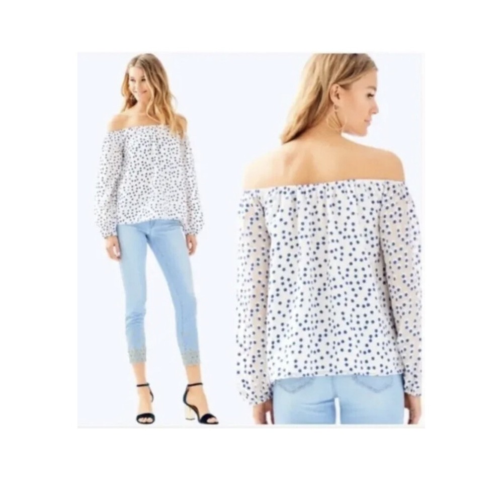Lilly Pulitzer Womens Blue Polka Dot Off The Shoulder LouLou Top Blouse Size XXS